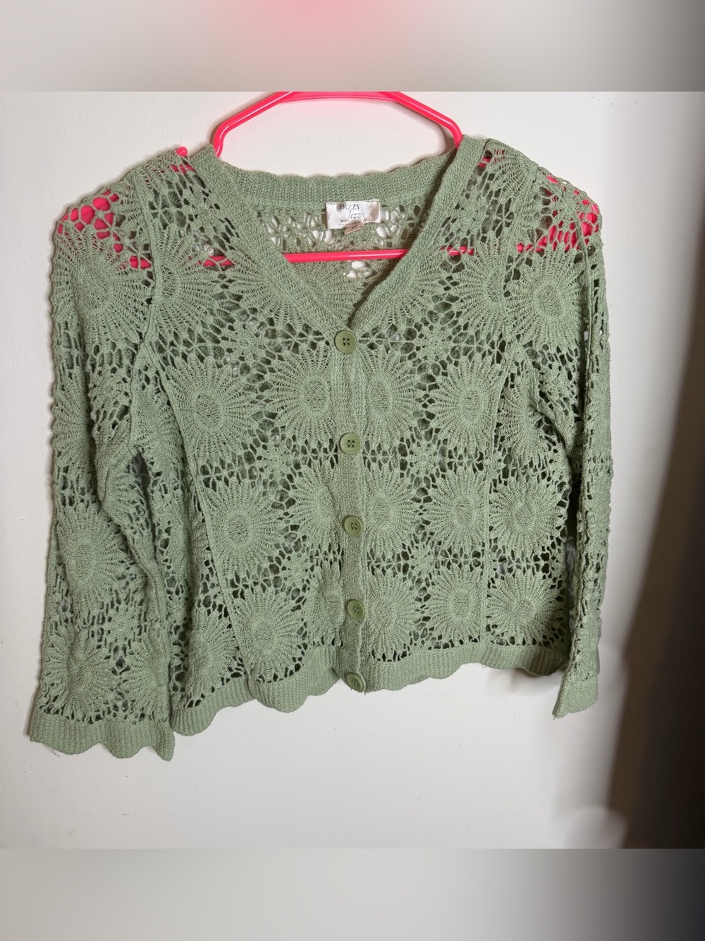 Dizzy Lizzy Sage Crochet Floral Button-Up Cardigan (see description for size)